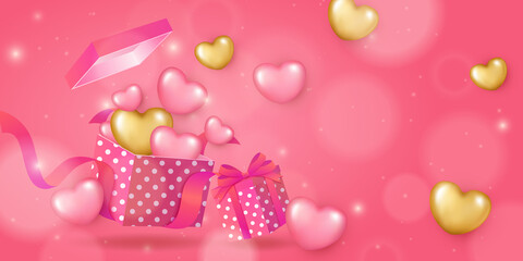 Cute pink golden love heart dot pattern gift box with ribbon flower