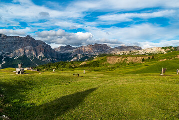 Fototapeta na wymiar Pralongia high plateau with peaks on the background in the Dolomites