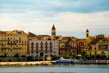 corfu city port and houses view from ship greece