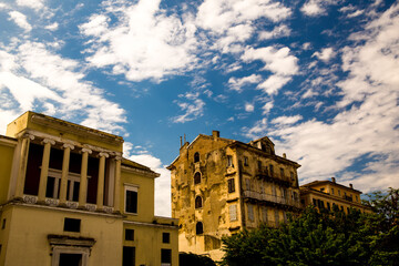 corfu city port and houses view from ship greece