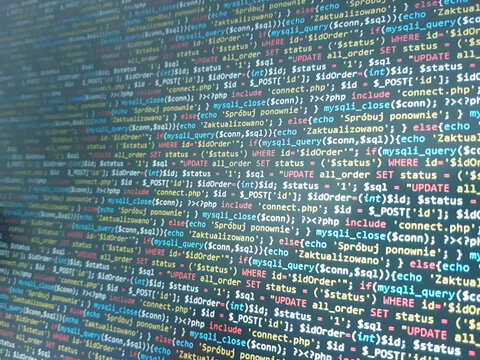 Coding programming source code screen. Abstract technology background. Cyber attack or security concept. Hacker monitor program. Software development