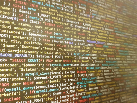 Abstract screen code background. Technology development concept texture. PHP program languages