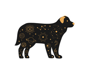 Black magical dog, Mystic crescent moon esoteric symbol, constellation elements.