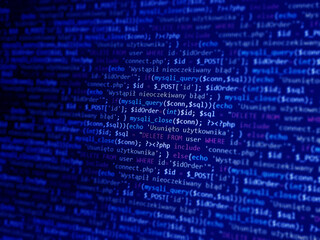 Software development monitor screen background. Developer display with source code. Programming concept