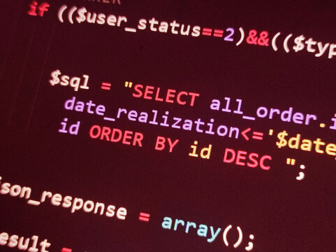 Coding programming source code screen. Abstract technology background. Cyber attack or security concept. Hacker monitor program. Software development