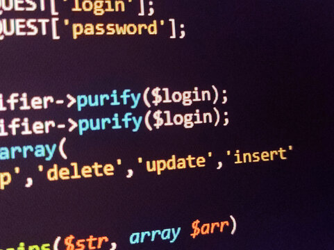 Coding programming source code screen. Abstract technology background. Cyber attack or security concept. Hacker monitor program. Software development