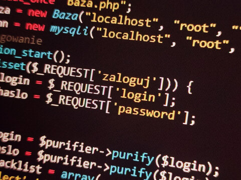 Coding programming source code screen. Abstract technology background. Cyber attack or security concept. Hacker monitor program. Software development