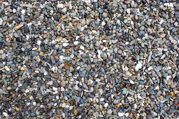Small multi-colored pebbles lie in an even layer. Imitation of the sea coast in garden design.