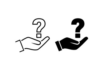 Hand holding up question icon. Vector illustration