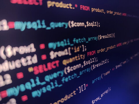 Abstract screen code background. Technology development concept texture. PHP program languages