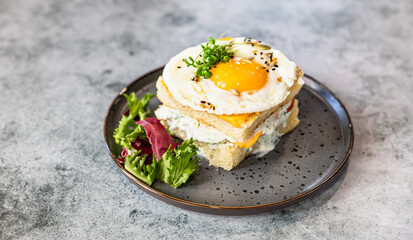 Croque Madame - hot french sandwich with ham, melted cheese, fried egg and sauce with salad. Delicious breakfast.