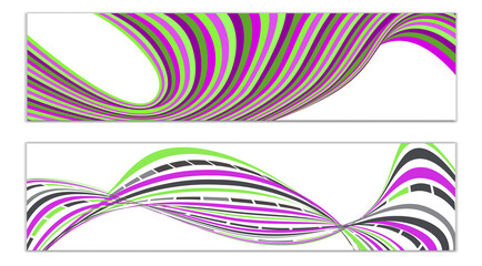Wavy lines or ribbons. Set of 2 covers. Multicolored striped. Creative unusual background with abstract wave lines for creating a trendy banner, poster. vector eps