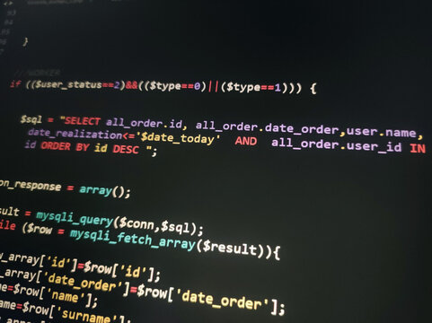 Coding programming source code screen. Abstract technology background. Cyber attack or security concept. Hacker monitor program. Software development