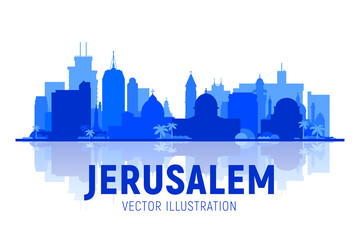 Obraz premium Jerusalem, Israel silhoutte skyline with panorama in white background. Vector Illustration. Business travel and tourism concept with modern buildings. Image for presentation, banner, web site.