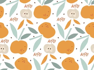 Rolgordijnen Apple Fruit with leaves seamless pattern, hand drawn doodle sketch. Flat vector repeated background for wallpaper, wrapping, packing, textile. Apple juicy fruits leaves background © Елена Кутузова