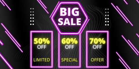Naklejka premium 50% off, 60% off, 70% off. Banner with fifty, sixty and seventy percent discount on a black background with purple neon square