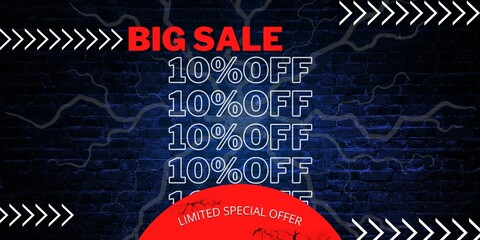10% off limited special offer. Banner with ten percent discount on a black background with red circle