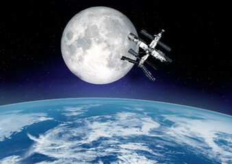 Space station near moon. Space mission.The elements of this image furnished by NASA - 496526167