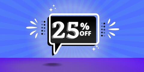 25% off limited special offer. Banner with twenty five percent discount on a blue background with a balloon black and white