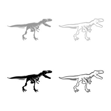 Dinosaur skeleton tyrannosaurus rex bones silhouettes set icon grey black color vector illustration image solid fill outline contour line thin flat style