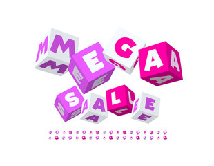 Vector creative Emblem Mega Sale.  Artistic colorful Font. Bright 3D cube Alphabet Letters and Numbers set