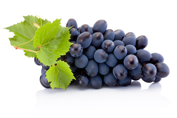 Fresh of blue grapes with leaves isolated on white background