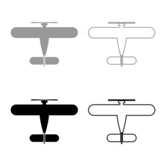Propelier aircraft retro vintage small plane single engine set icon grey black color vector illustration image solid fill outline contour line thin flat style