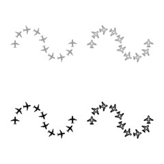 Route from airplanes flight tourism path plane flights adventure time concept itinerary fly set icon grey black color vector illustration image solid fill outline contour line thin flat style