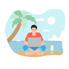 A man working on sea beach. Flat style. Vector illustration. 