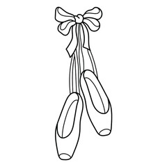 Pointe shoes with a bow. Black and white vector illustration. Coloring.