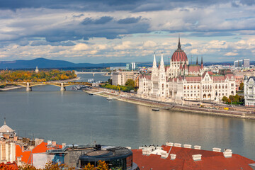 Budapest autumn cityscape with Hungarian parliament building and Danube river, Hungary