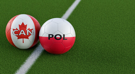 Poland vs. Canada Soccer match - Soccer balls in Poland and Canada national colors. 3D Rendering 