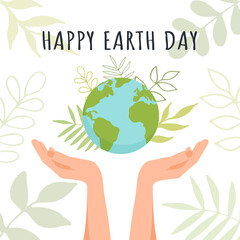 Earth Day background with leaves and hands.