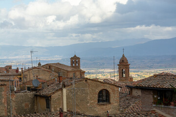 View on hills and vineyards from old town Montepulciano, Tuscany, Italy