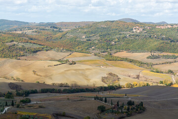 View on hills and vineyards near old town Montepulciano, Tuscany, Italy