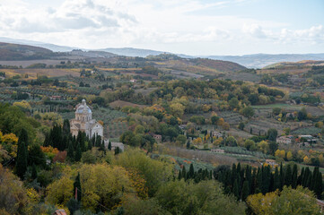 Obraz premium View on hills and vineyards near old town Montepulciano, Tuscany, Italy