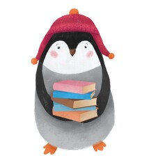 Cute penguin is holding books. The character loves to read. Illustration for children, bookstore, magazine.