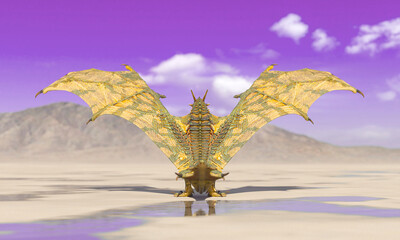 Naklejka na ściany i meble dragon is standing up and ready to attack on the desert after rain rear view