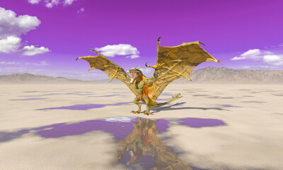 dragon is standing up and ready to attack on the desert after rain side view