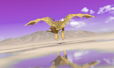 Naklejka premium dragon is under attack on the desert after rain rear view