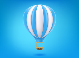 Blue and white air balloon icon on blue background. 3d vector illustration