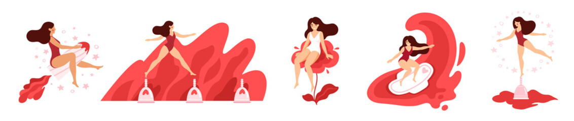 Women with tampon, pad, menstrual cup. Active life concept. Girl having menstrual period, menstruation, premenstrual syndrome, PMS, female reproductive system. Set of vector illustrations. - obrazy, fototapety, plakaty