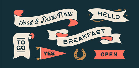 Vintage graphic set. Ribbon, flag, arrow, board with text Breakfast, Open, Yes, To Go, Hello, Menu. Set of ribbon banner and retro graphic. Isolated vintage old school set shapes. Vector Illustration - 496531732