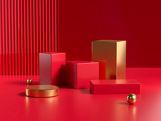 3d rendering studio with geometric shapes, Red and gold podium on red background for product minimal presentation, 3d rendering.