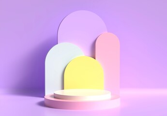 Abstract Colorful background with geometric shape podium for product. minimal concept. Pastel Color Purple, pink, Yellow. 3d rendering