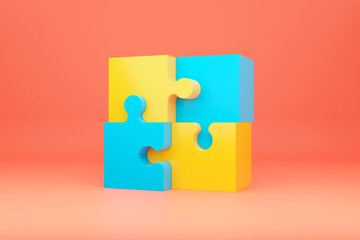Team work concept. 3D jigsaw puzzle pieces yellow, blue and salmon colors. Education courses. Business idea. 3D rendering illustration on mint background.