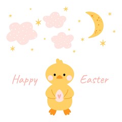 Kawaii cute chicken, duckling with moon, stars and clouds. Happy Easter. Charming clipart for postcards, prints, banners, templates, social media, web.