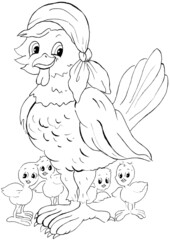 Freehand sketch on paper of hen with chicks to paint suitable for happy easter greeting card