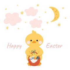 Kawaii cute chicken, duckling with moon, stars and clouds. Happy Easter. Charming clipart for postcards, prints, banners, templates, social media, web.