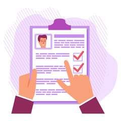 Hand choice cv.Paper resume candidate.ERecruitment people for job.Concept human resources.Isolated on white background. Vector flat illustration.
